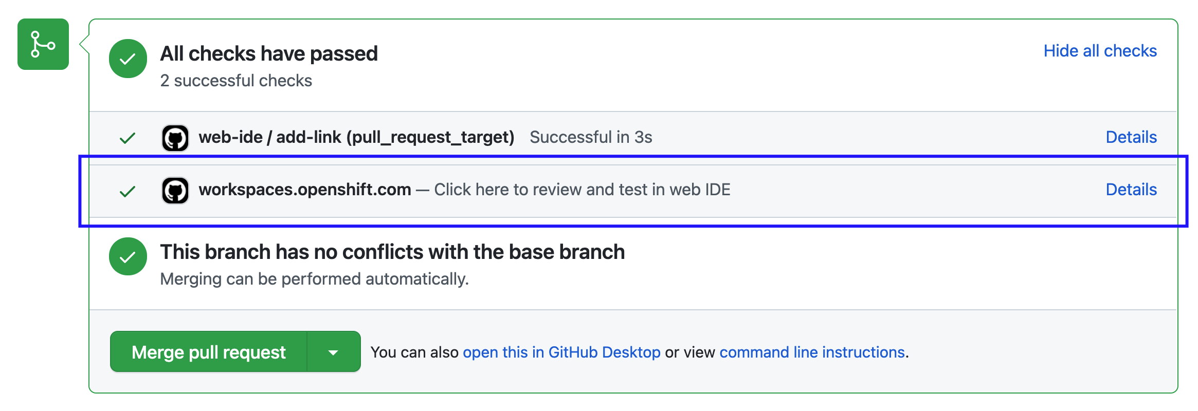 GitHub PR status check with link to open PR branch in new workspace
