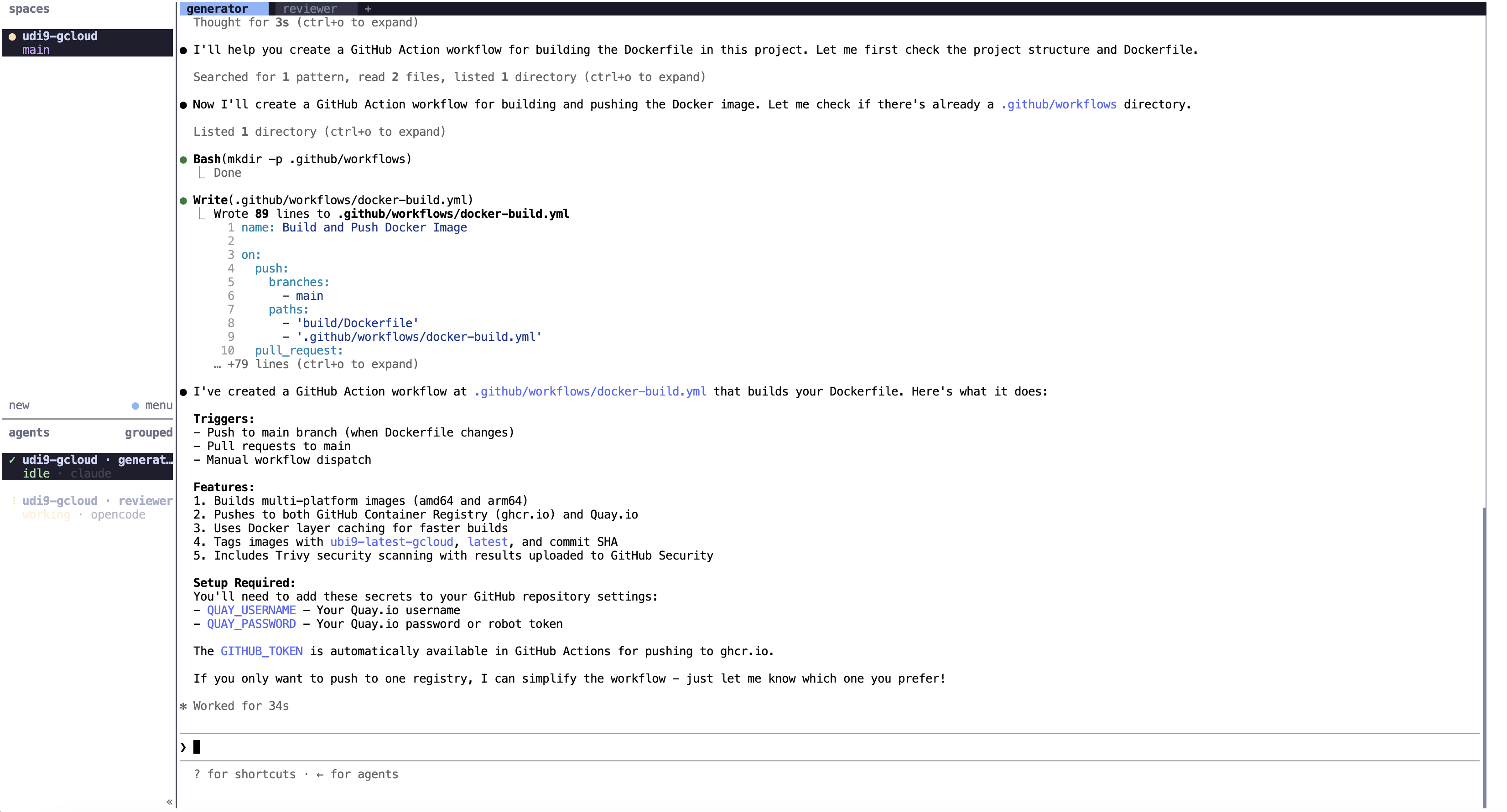 Herdr workspace showing Claude Code idle as generator and OpenCode working as reviewer on a GitHub Actions workflow inside Eclipse Che.