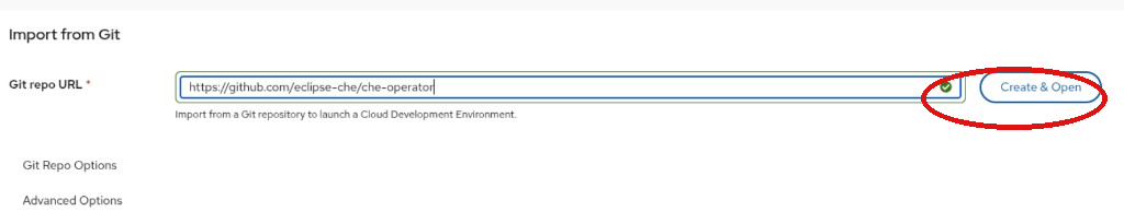Eclipse Che Import from Git section with the Create and Open button highlighted.