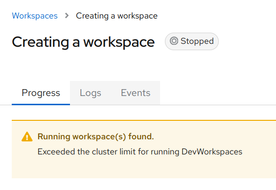 Exceeded the cluster limit for running DevWorkspaces