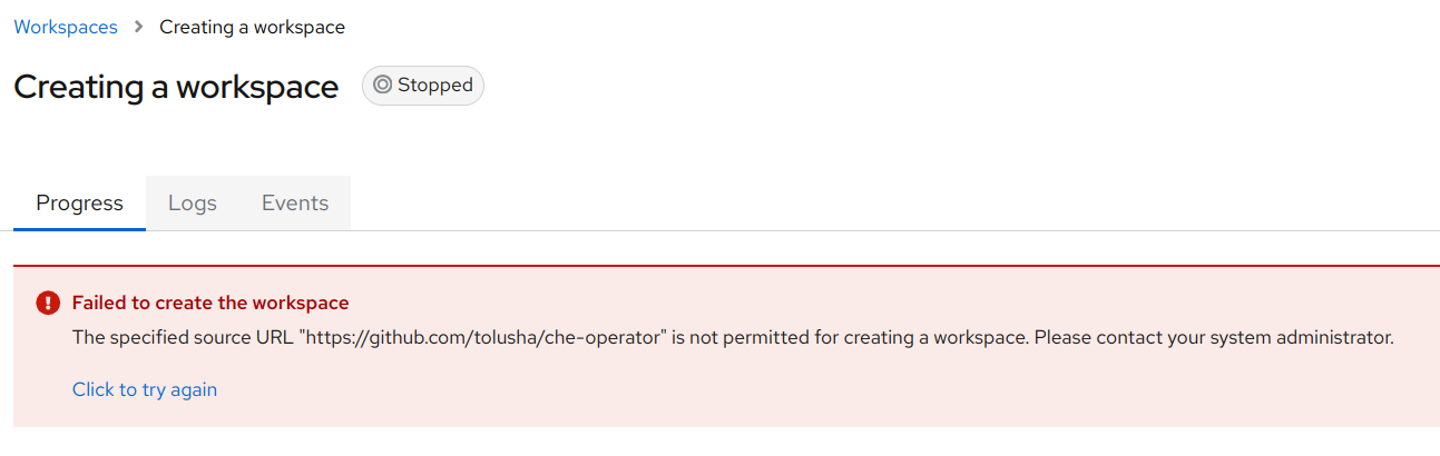 URL is not permitted for creating a workspace