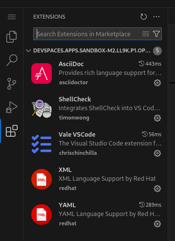 Overview of automatically installed extensions, including the Vale extension.