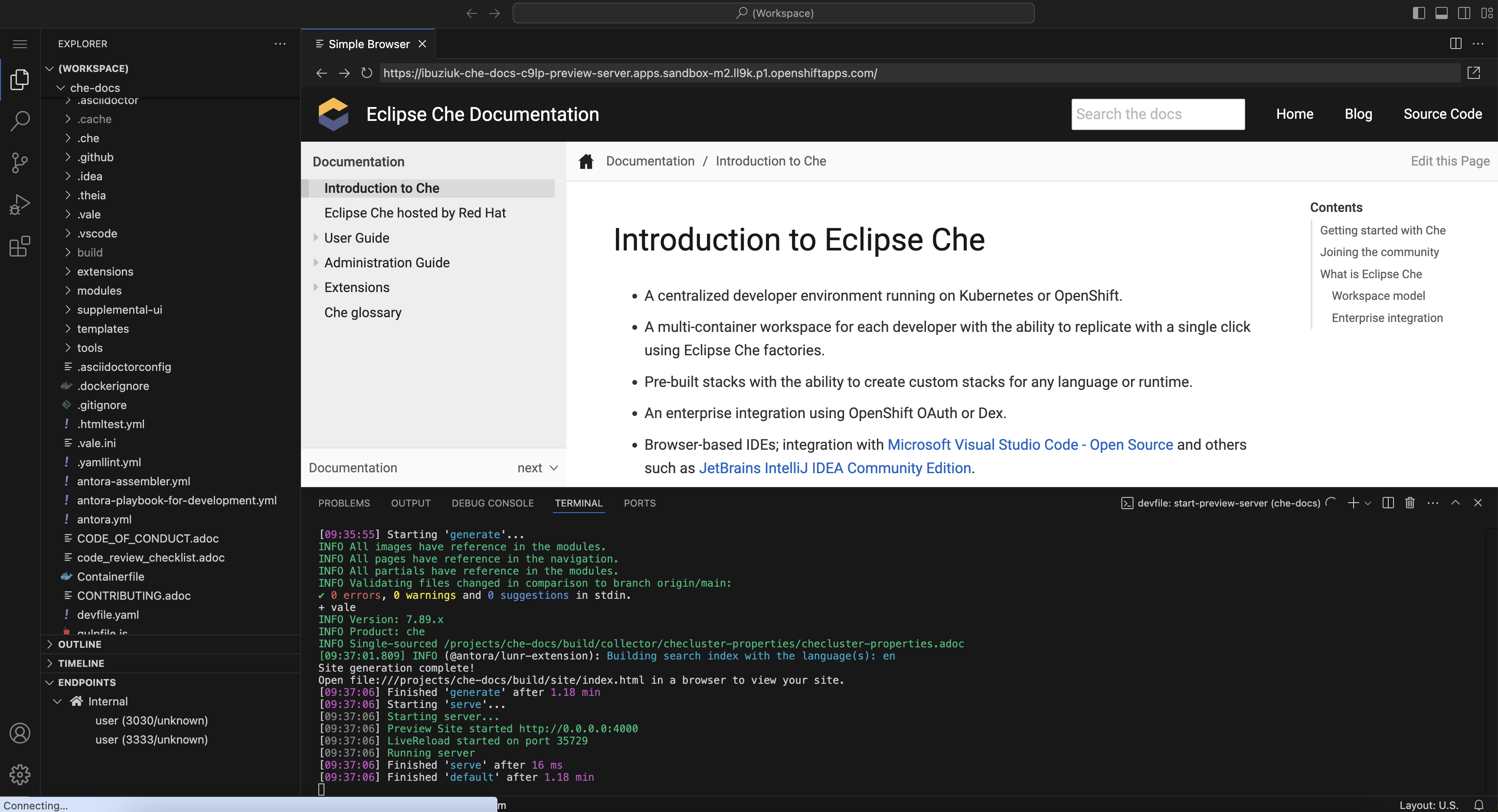 An Eclipse Che CDE created from the che-docs repository.