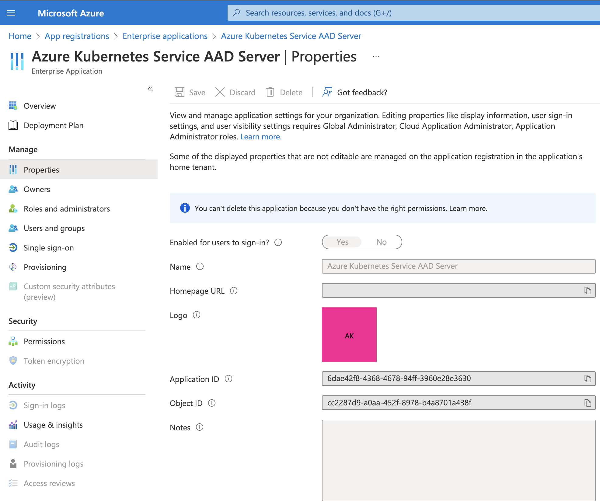 Azure Kubernetes Service AAD Server