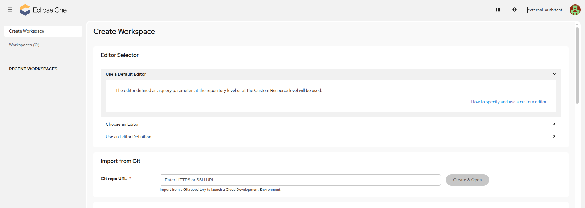 Eclipse Che dashboard after successful authentication