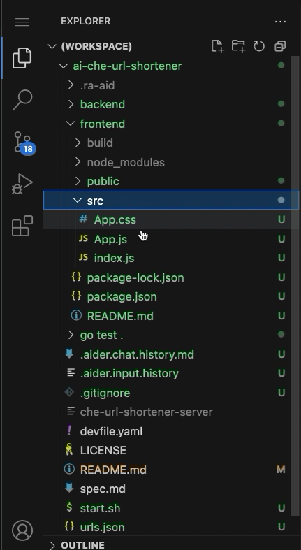 Generated project file structure for the URL shortener in the Eclipse Che IDE.