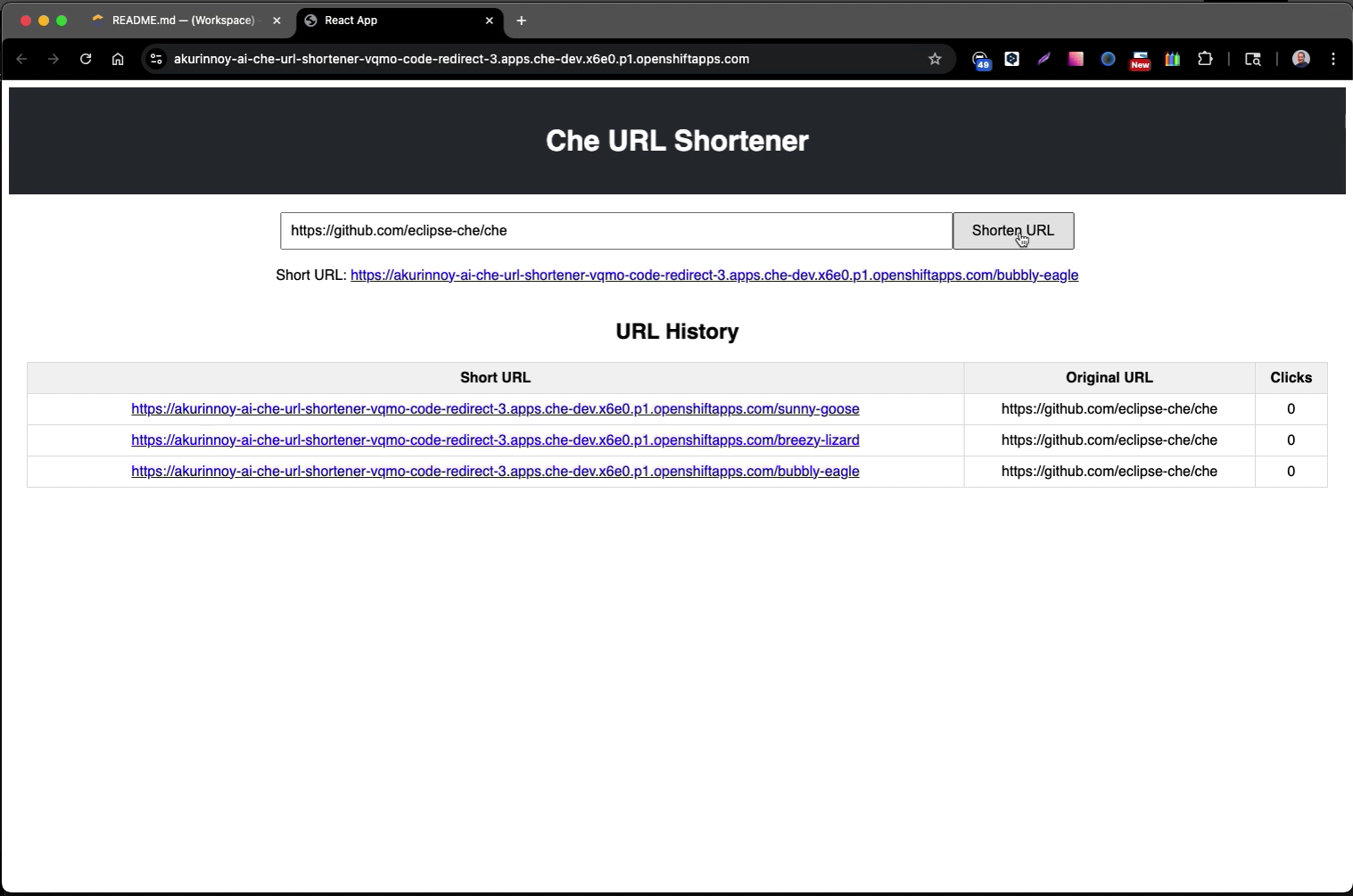 Final URL shortener application is running in a browser tab within Eclipse Che.